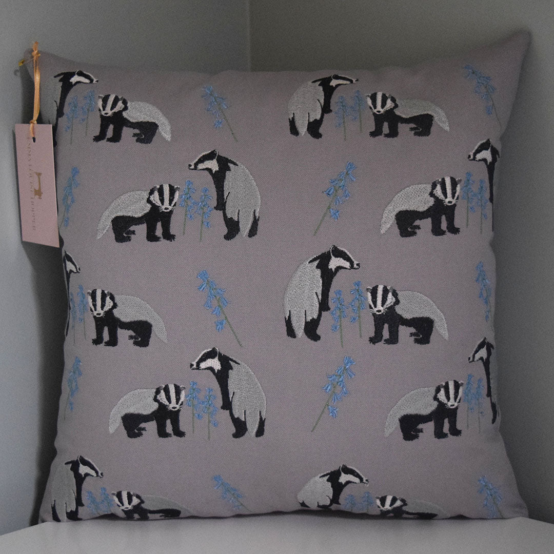 Badger with Blue Bells Embroidered Cushion