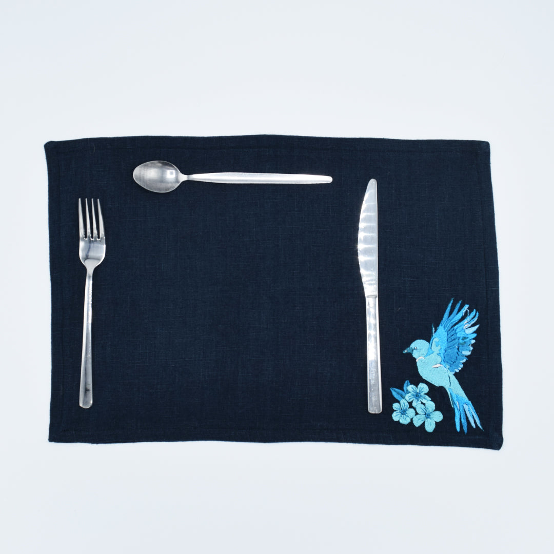 Blue Embroidered Bird Table Mat