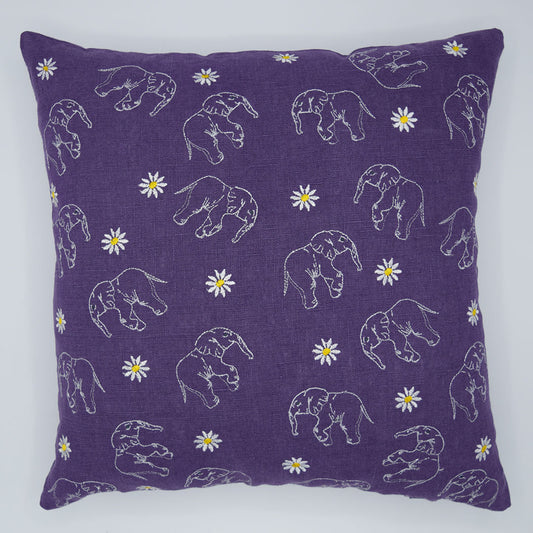 Elephant and Daisy Embroidered Cushion