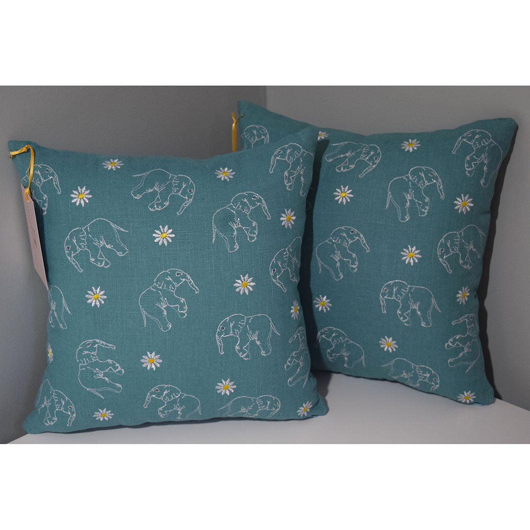 Elephant and Daisy Embroidered Cushion