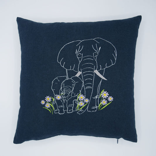 Elephant Mum and Baby Embroidered Cushion